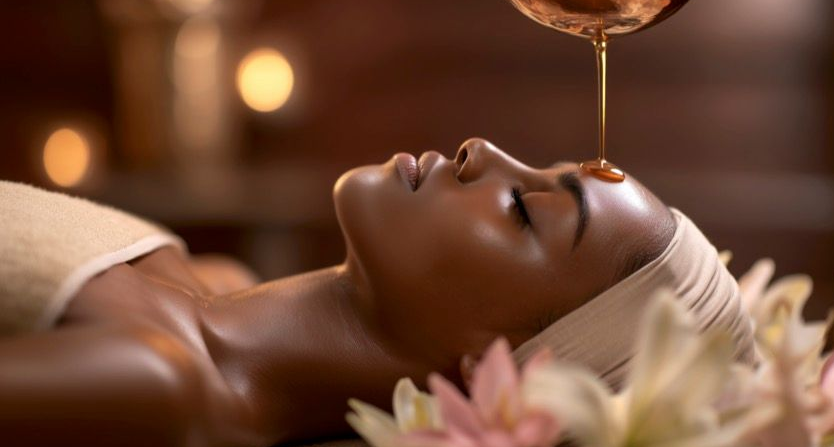 Person erhält eine Spa-Gesichtsbehandlung, während warmes Öl auf die Stirn tropft, umgeben von Kerzen und Blumen