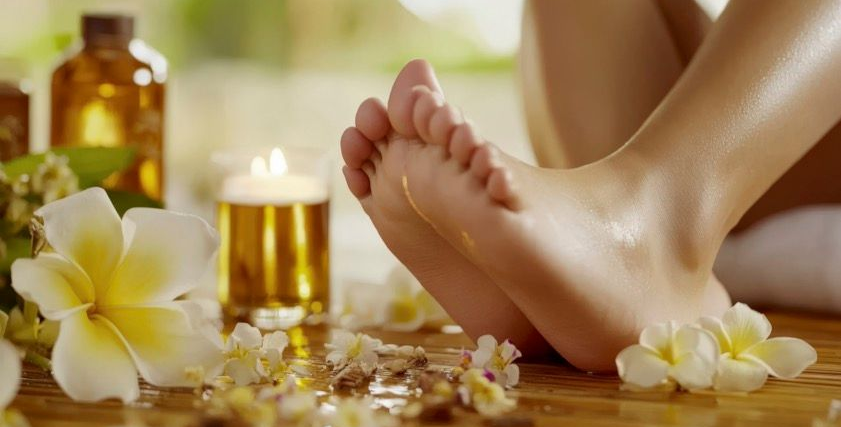 Spa-Szene mit entspannten Füßen, Kerzen, bernsteinfarbenem Öl und weißen Plumerienblüten auf einer Holzoberfläche