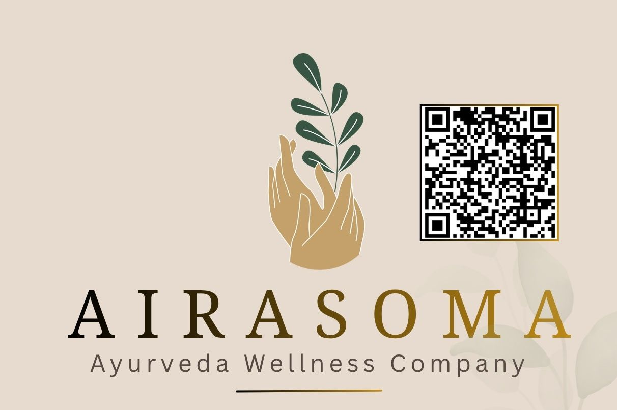 Airsoma Ayurveda Wellness Company-Logo mit Blatt-Hand-Symbol und QR-Code auf beigem Hintergrund