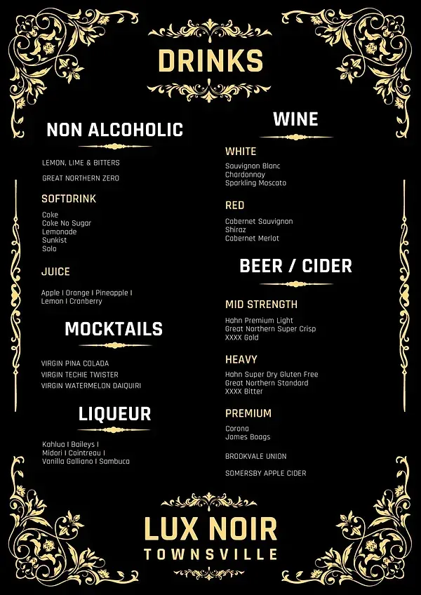 A Black And Gold Menu For Lux Noir Townsville — Lux Noir In Townsville City, QLD