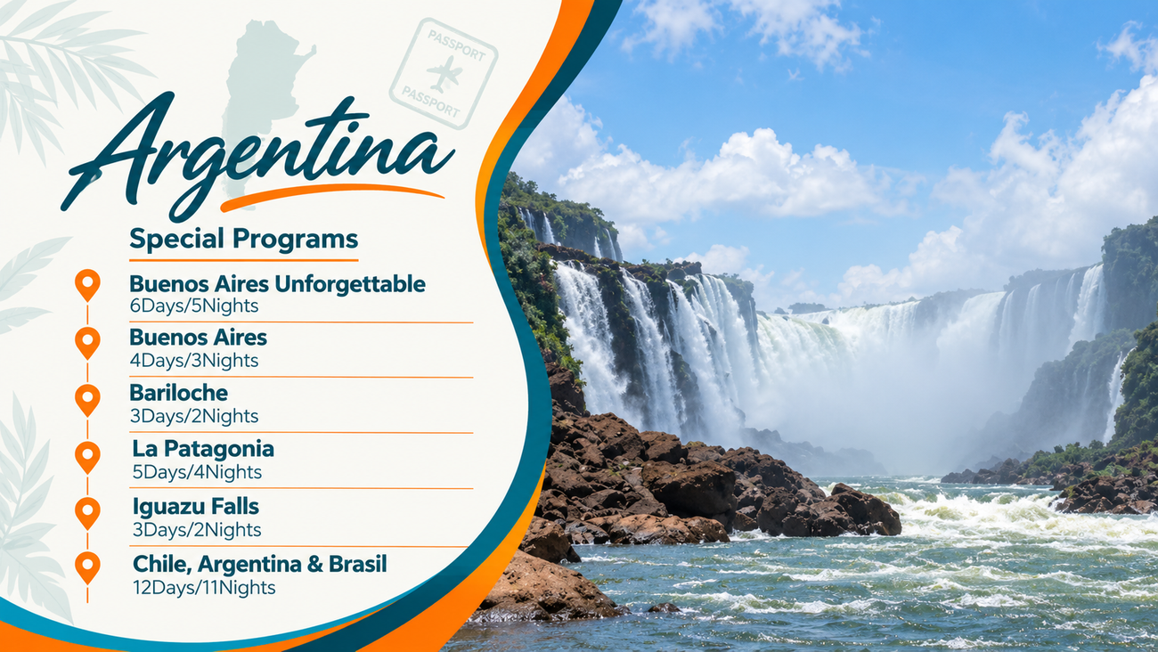 Argentina travel promo with waterfalls, blue sky, and special programs list on the left