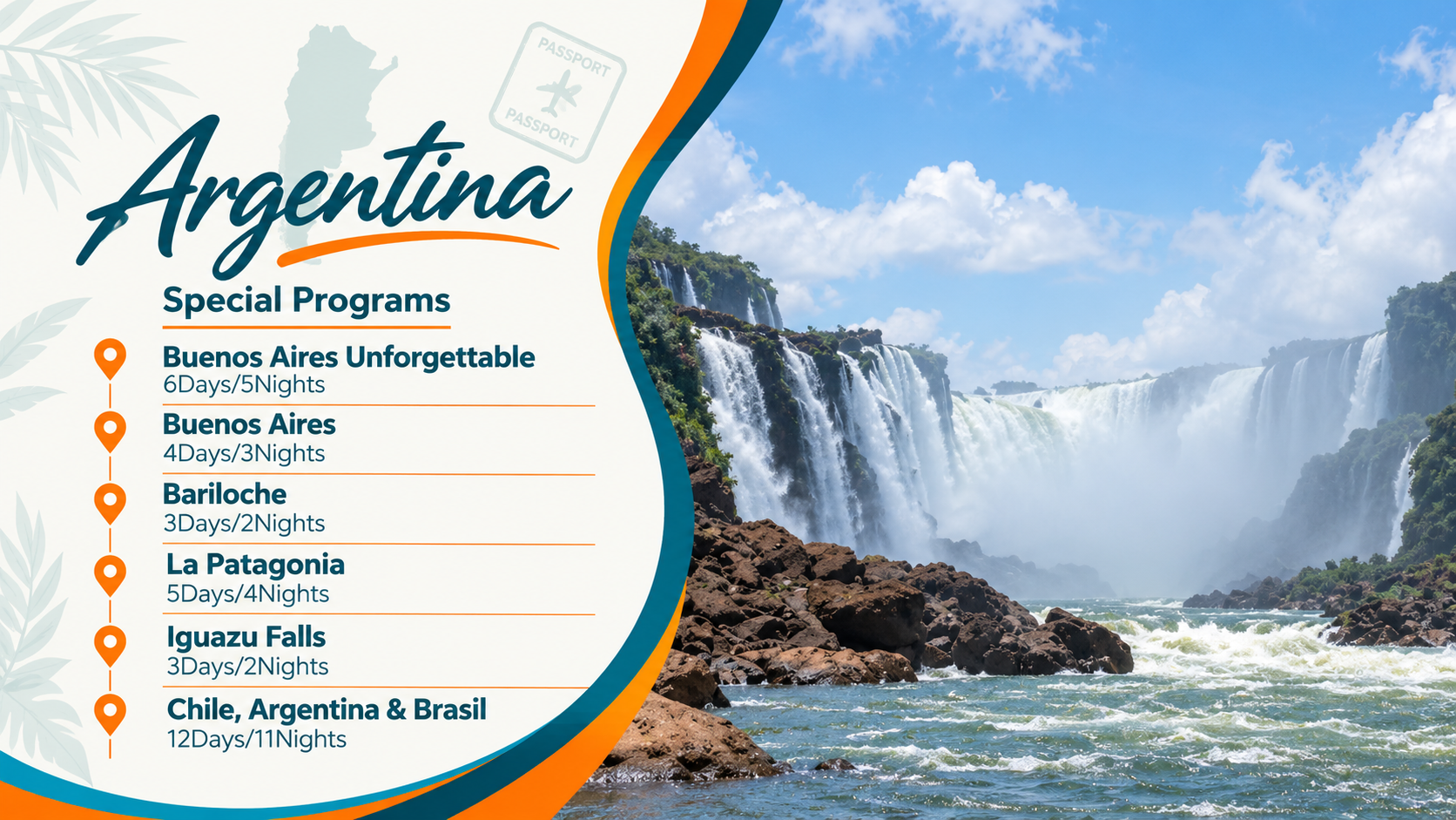 Argentina travel promo with waterfalls, blue sky, and special programs list on the left