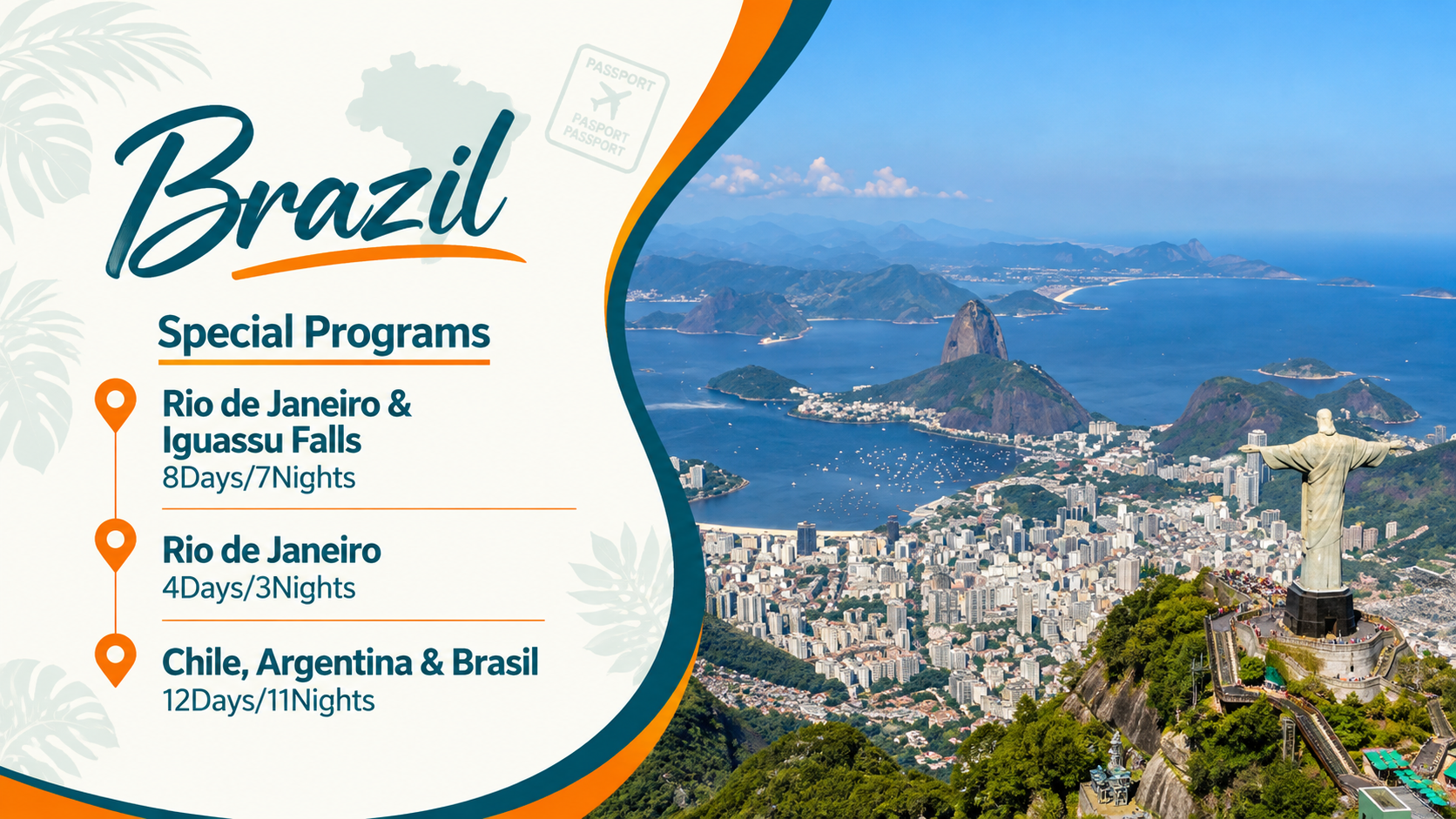 Brazil travel poster with Rio de Janeiro, Iguassu Falls, and Chile/Argentina/Brazil destinations in blue and orange