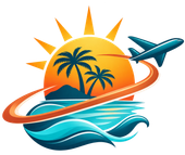 Stylized tropical vacation logo with sun, palm trees, waves, and an airplane flying over a beach