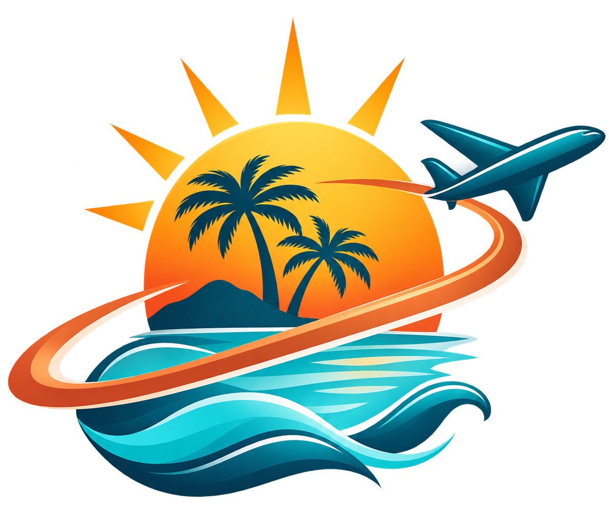 Stylized tropical vacation logo with sun, palm trees, waves, and an airplane flying over a beach
