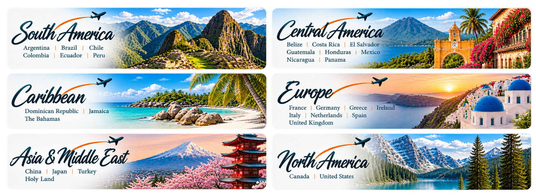 Six travel banners for South America, Central America, Caribbean, Europe, Asia & Middle East, and North America.