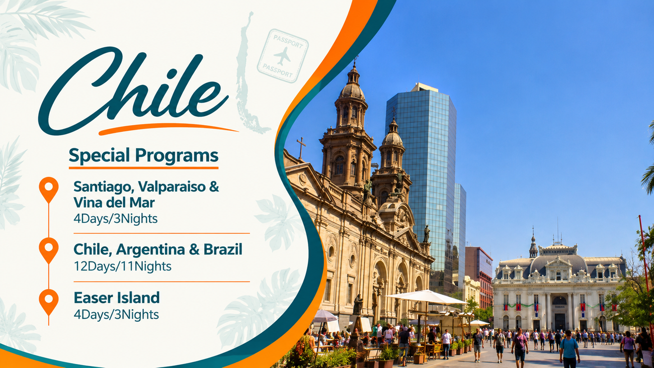 Chile travel ad with Santiago, Valparaiso, Viña del Mar, Easter Island, and blue-sky cityscape