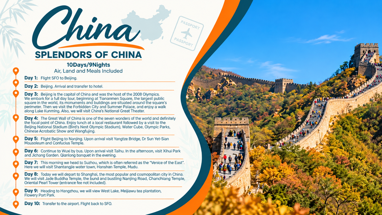 Travel poster of China with Great Wall landscape and “Splendors of China” text, in blue, white, and orange.