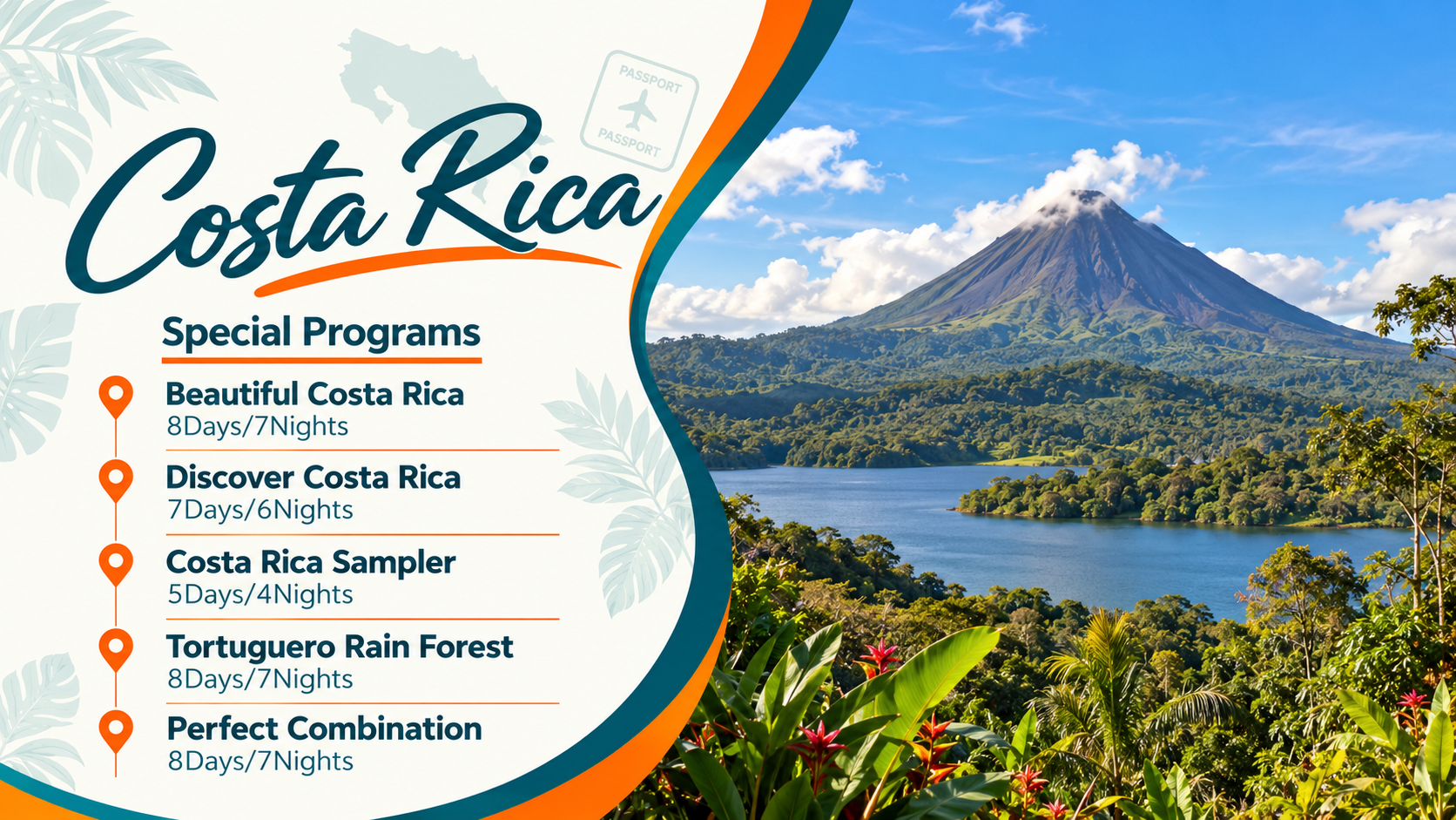 Costa Rica travel poster with volcano, lake, mountains, and “Special Programs” list