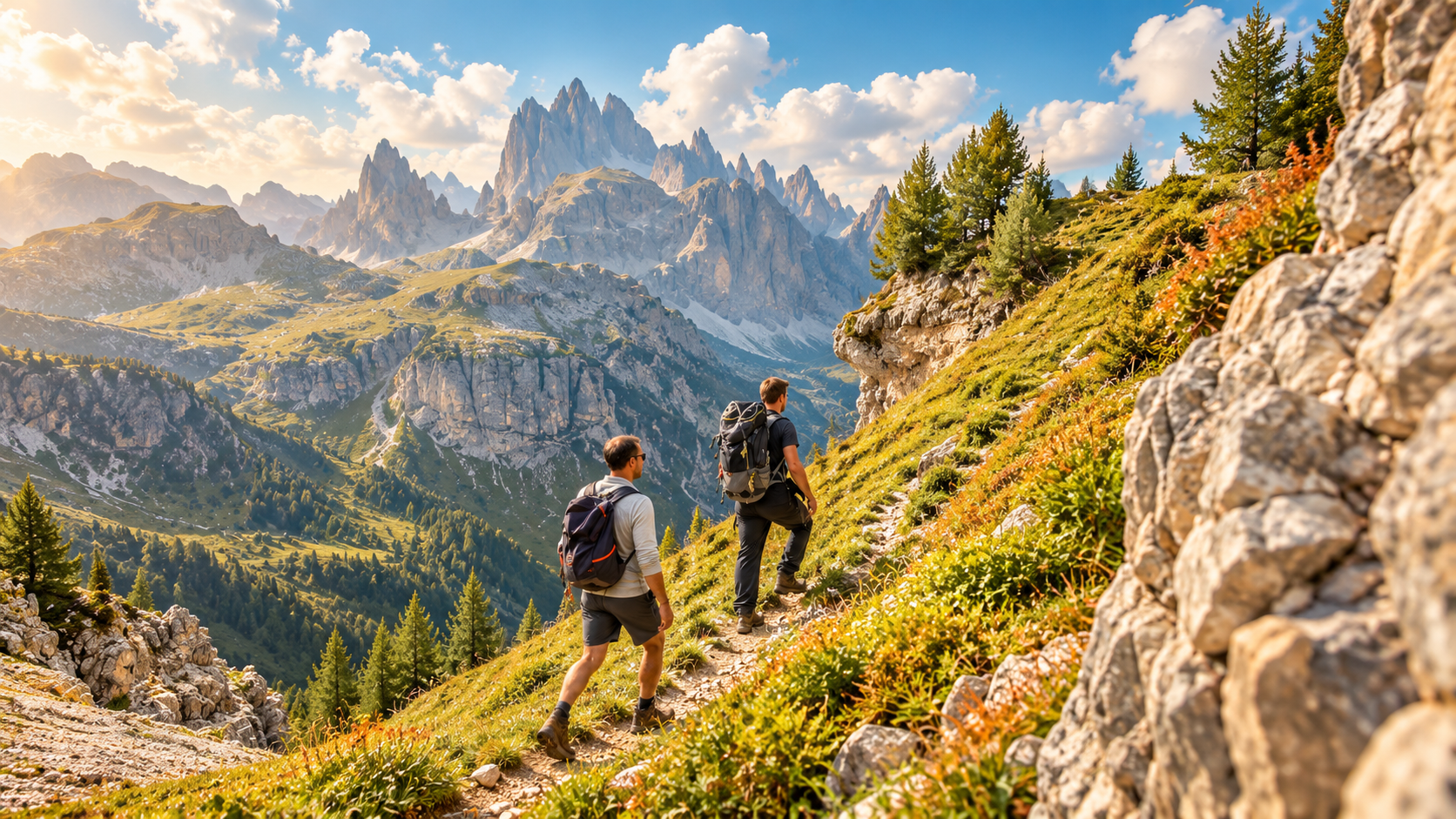 Two hikers on a mountain trail overlooking jagged peaks and a sunlit valley