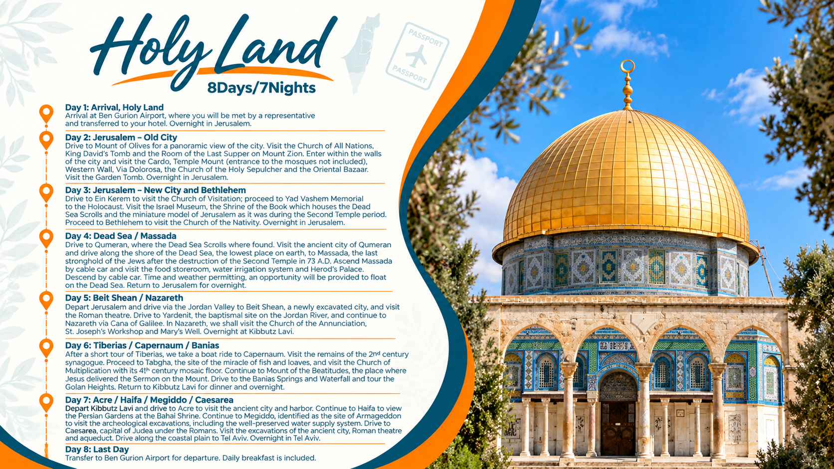 Holy Land infographic with text and a photo of Jerusalem’s Dome of the Rock under a blue sky