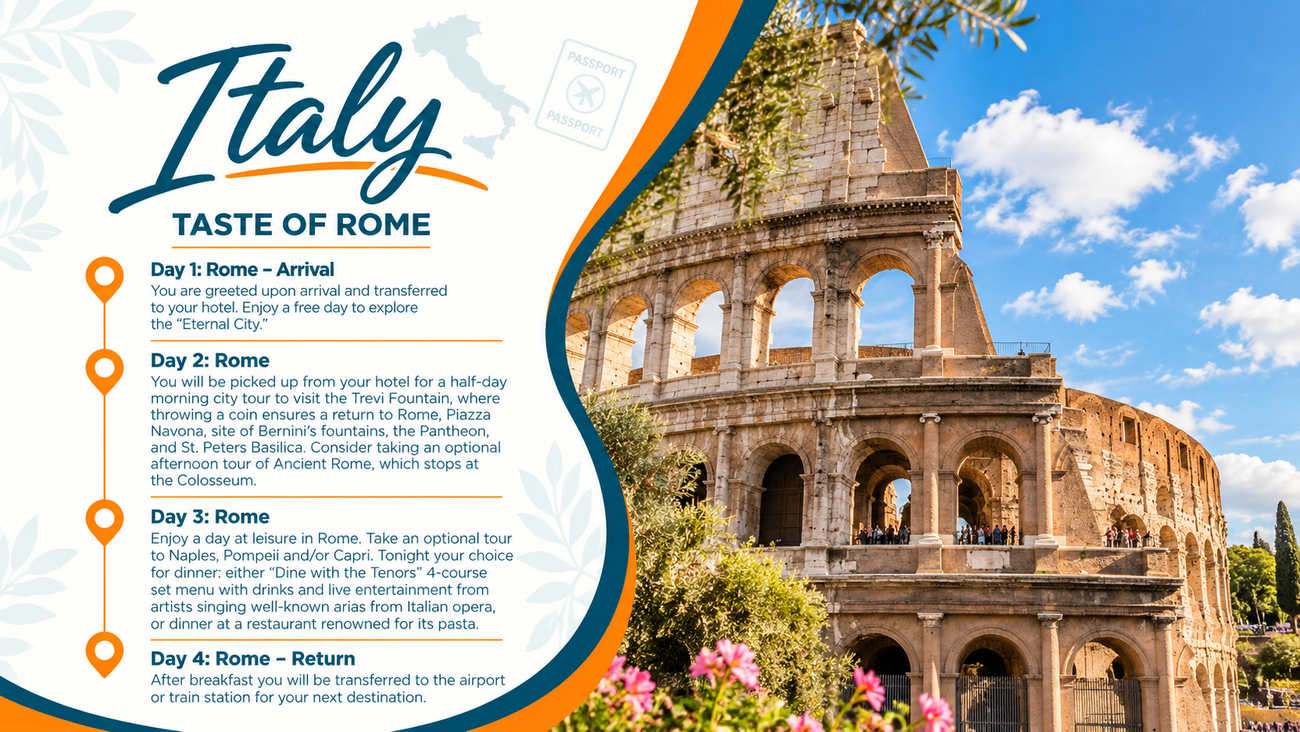 Italy travel itinerary graphic with Rome’s Colosseum and “Taste of Rome” text