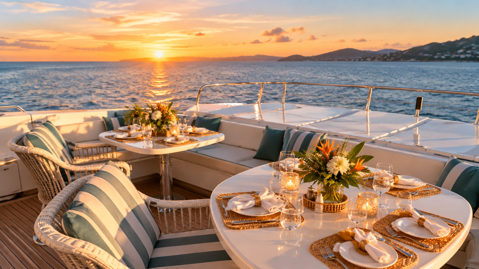 Sunset dining table on a yacht deck overlooking the ocean, set with flowers and striped cushions