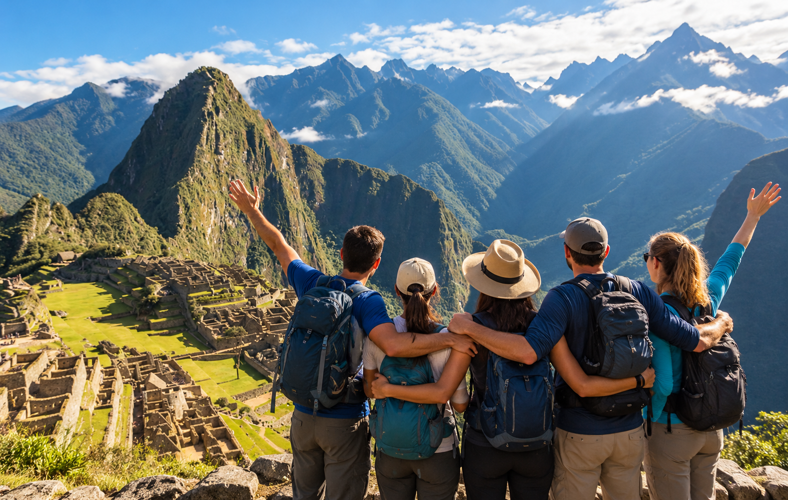 Four hikers with backpacks admiring Machu Picchu and the Andes under a bright blue sky