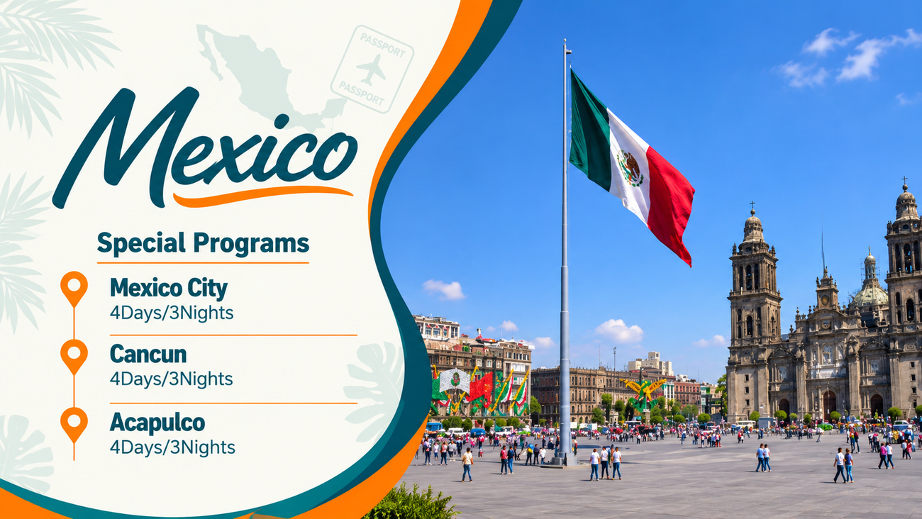 Mexico travel promo showing Mexico City, Cancun, and Acapulco with a cathedral and flag plaza