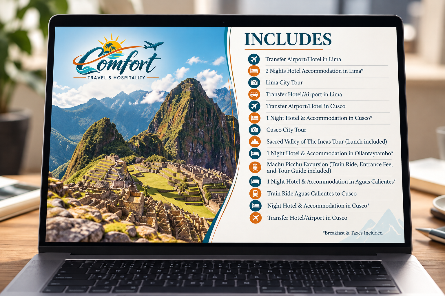 Laptop displaying a travel itinerary for Machu Picchu with a mountain photo and “Includes” list