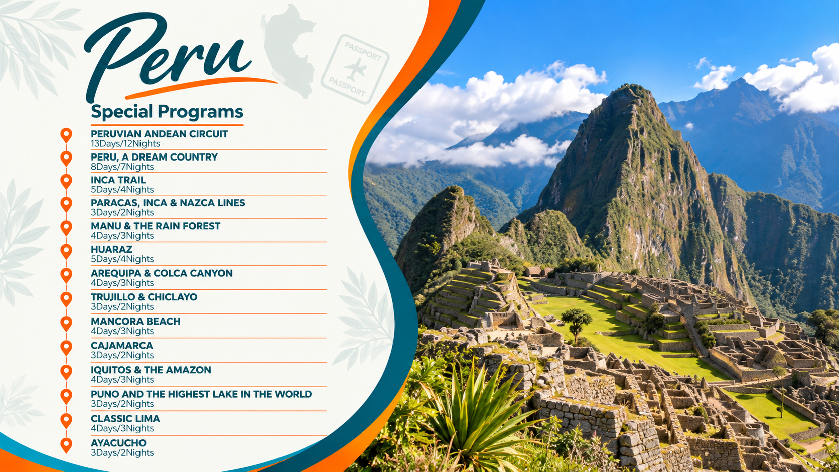 Peru travel brochure with Machu Picchu photo and “Special Programs” list on turquoise background
