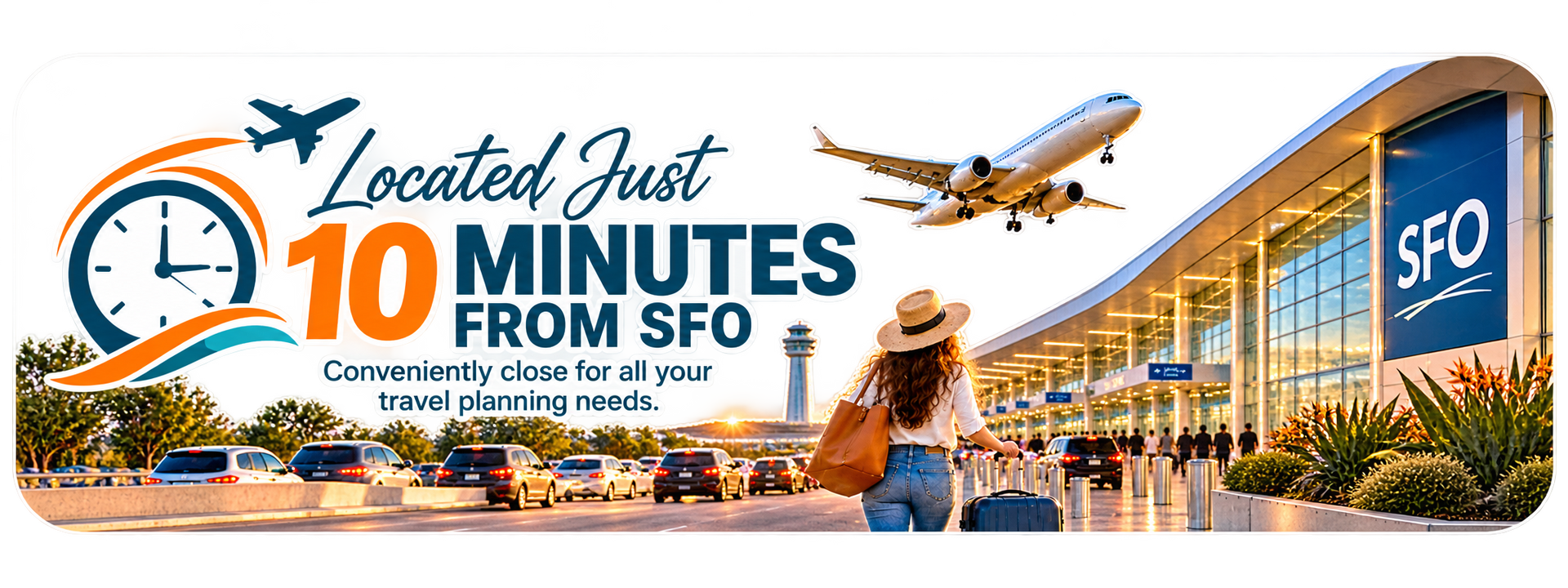 Promotional graphic for SFO showing a clock, plane, and skyline with the text “Located just 10 minutes from SFO.”