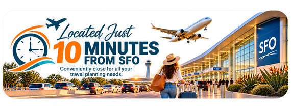 Promotional graphic for SFO showing a clock, plane, and skyline with the text “Located just 10 minutes from SFO.”