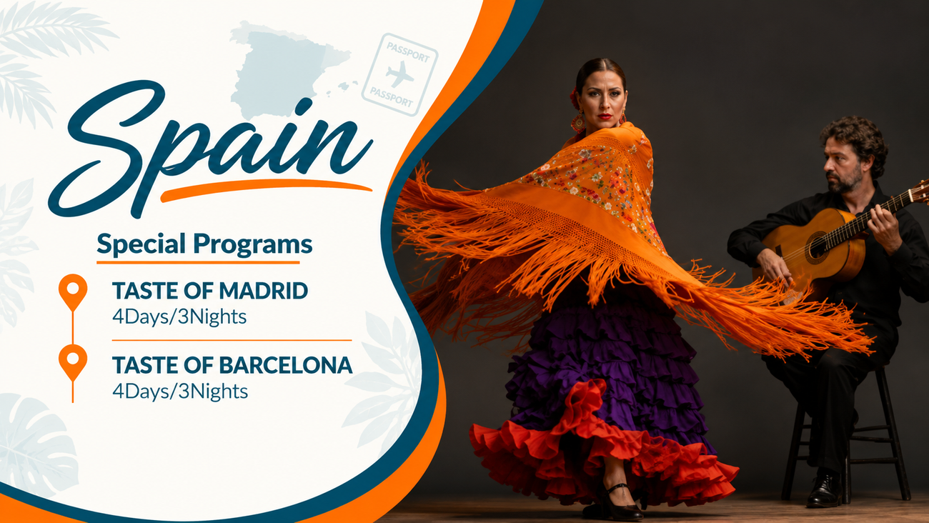 Spain tour ad with flamenco dancers; text promotes Madrid and Barcelona special programs