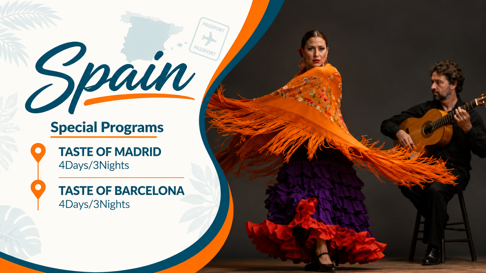Spain tour ad with flamenco dancers; text promotes Madrid and Barcelona special programs