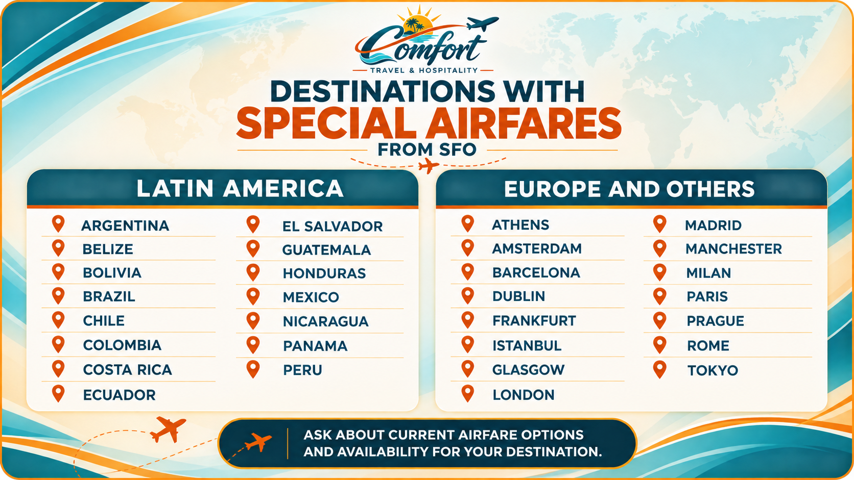 Comfort promotional poster listing special airfares from SFO to Latin America and Europe/Asia destinations.