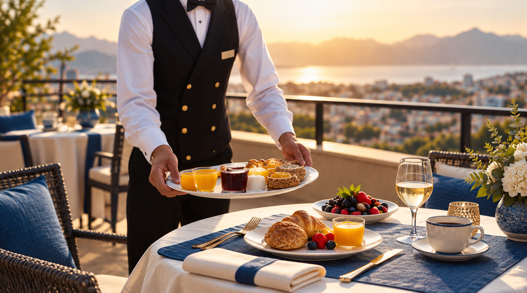 Waiter serving breakfast on a terrace with pastries, coffee, and sunrise mountain views