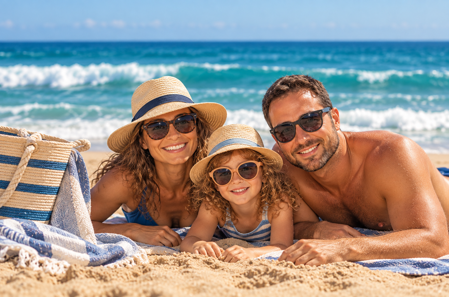 Smiling family relaxing on a sandy beach beside a striped towel and the ocean.