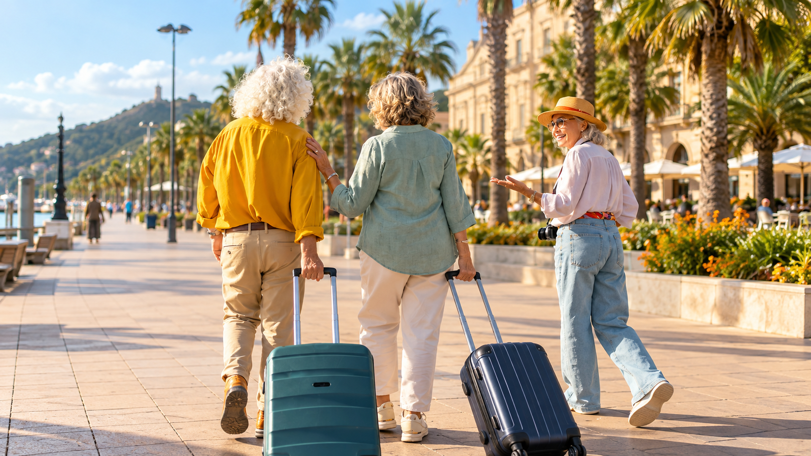 Three travelers walking a sunny waterfront promenade with rolling suitcases and palm trees nearby