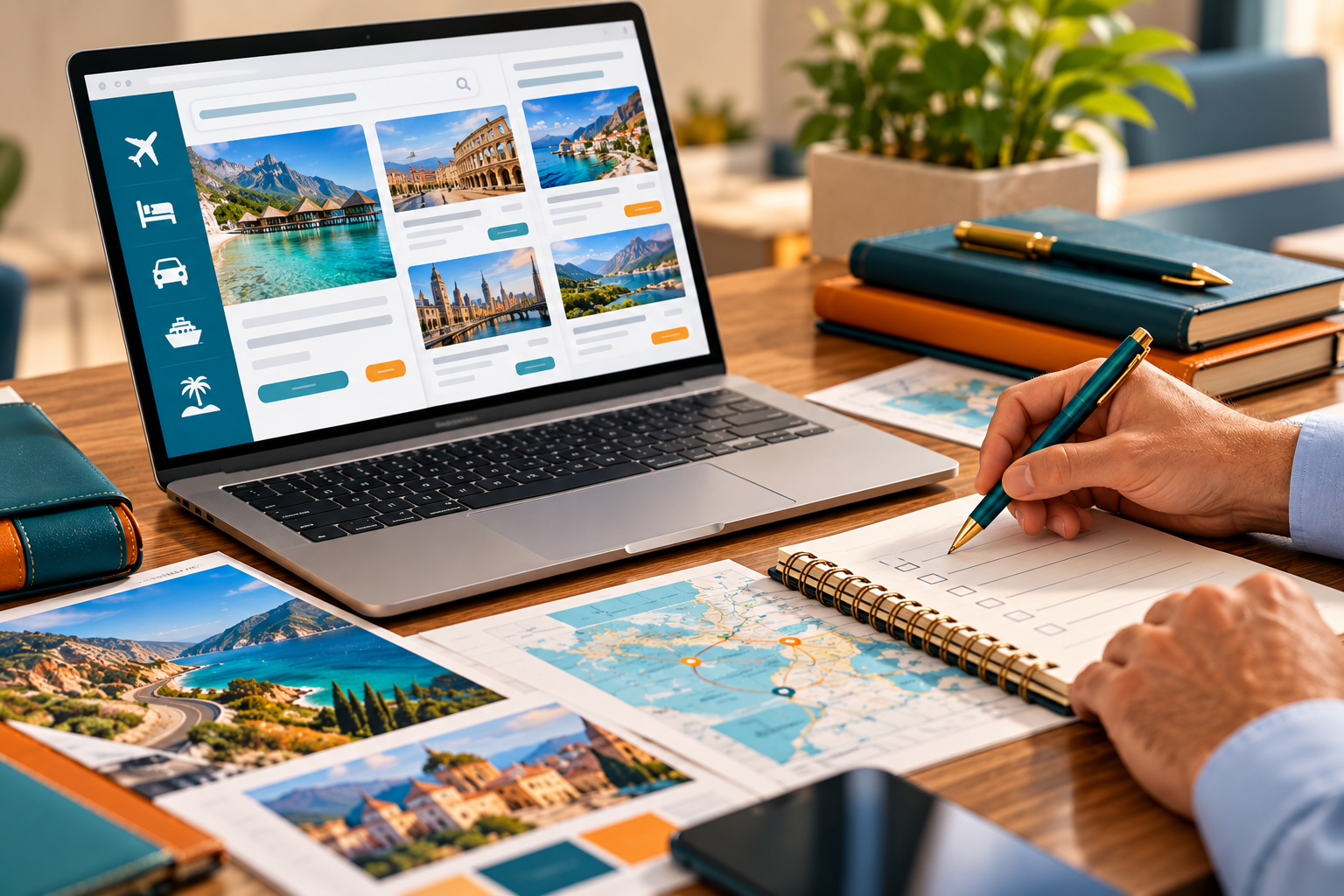 Person planning a travel website on a laptop, with printed destination photos and a hand writing notes.