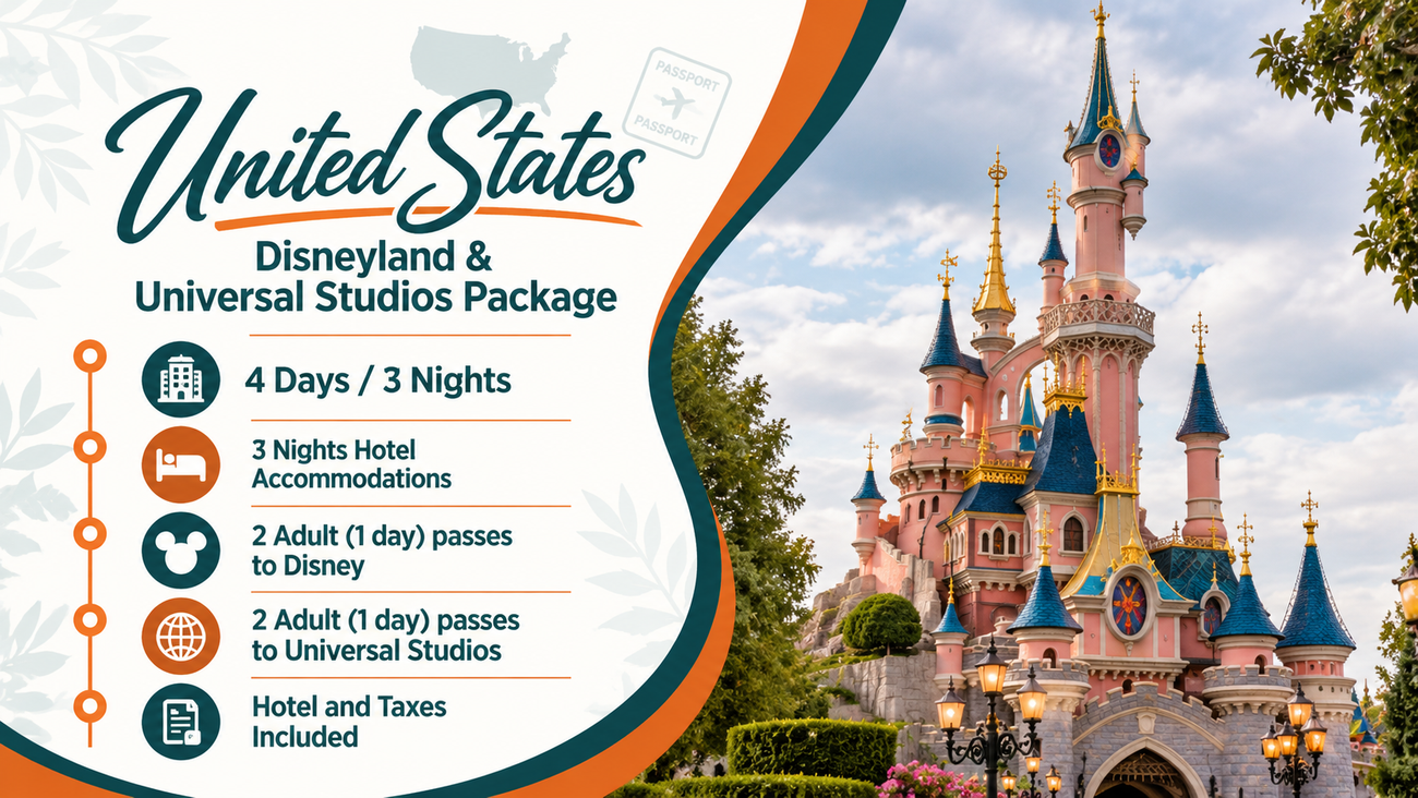 Disneyland and Universal Studios package ad with Cinderella Castle, listing 4 days/3 nights and hotel details