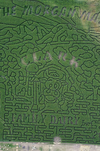 Aerial view of 18‑acre corn maze near me at The Morgan Maze in Morgan, Utah
