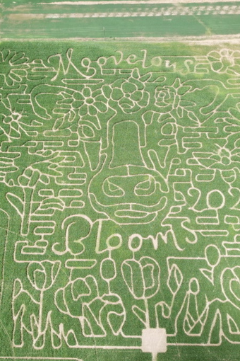 Aerial view of 18‑acre corn maze near me at The Morgan Maze in Morgan, Utah