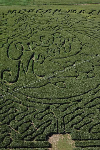 Aerial view of 18‑acre corn maze near me at The Morgan Maze in Morgan, Utah