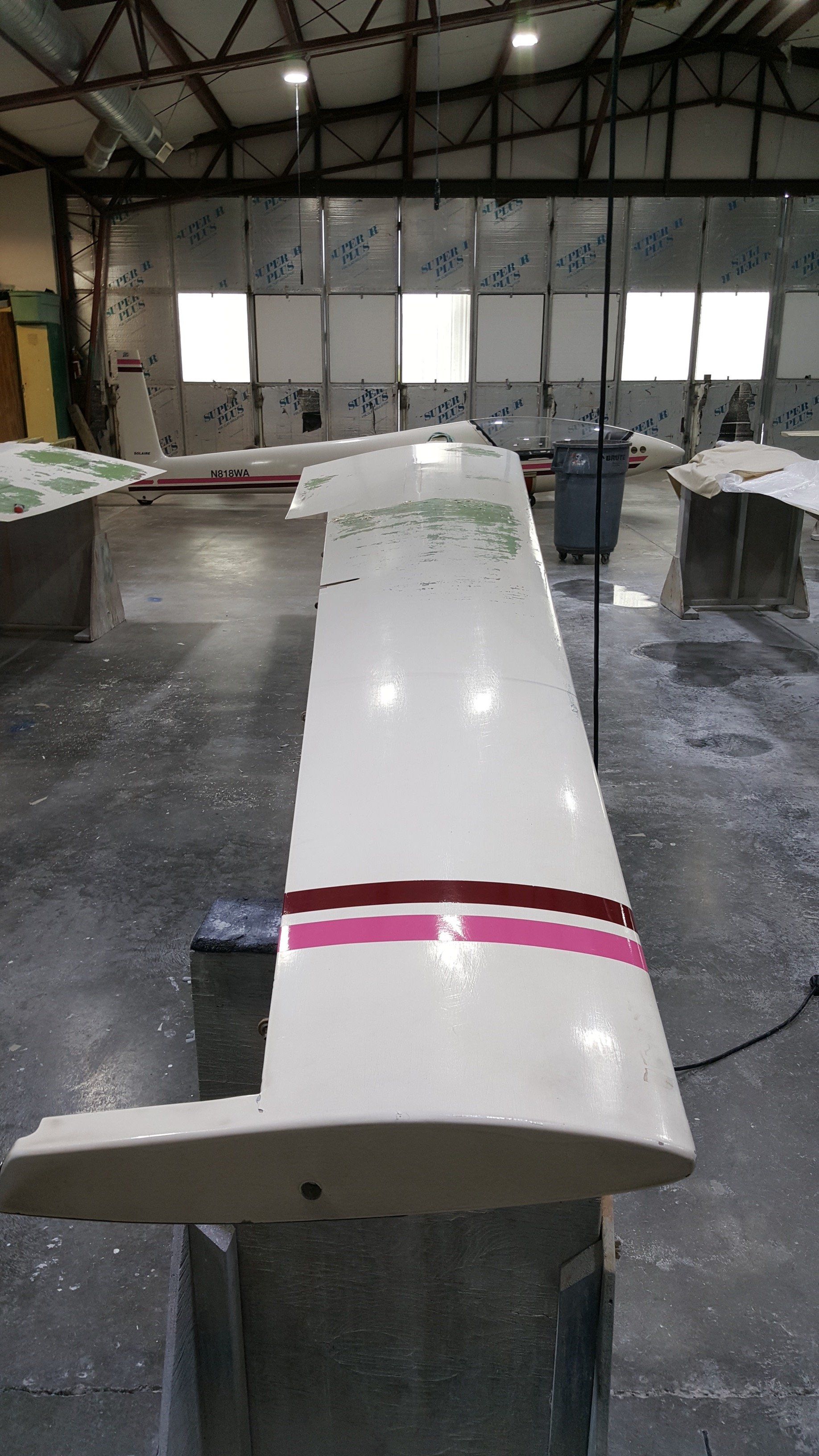 A white wing with a pink stripe on it is sitting in a building.