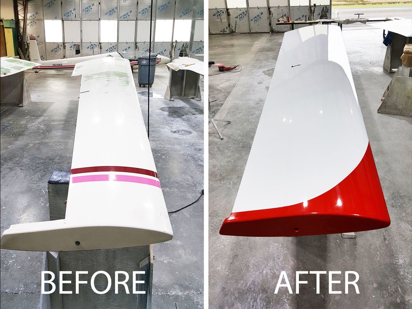 A before and after photo of an airplane wing