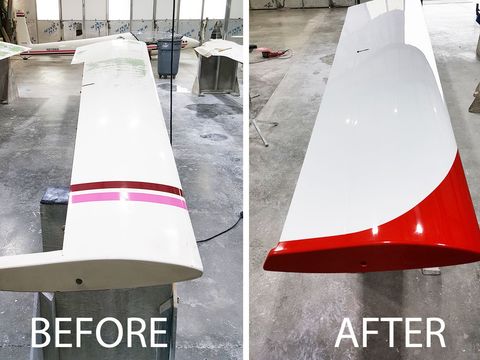 A before and after photo of an airplane wing
