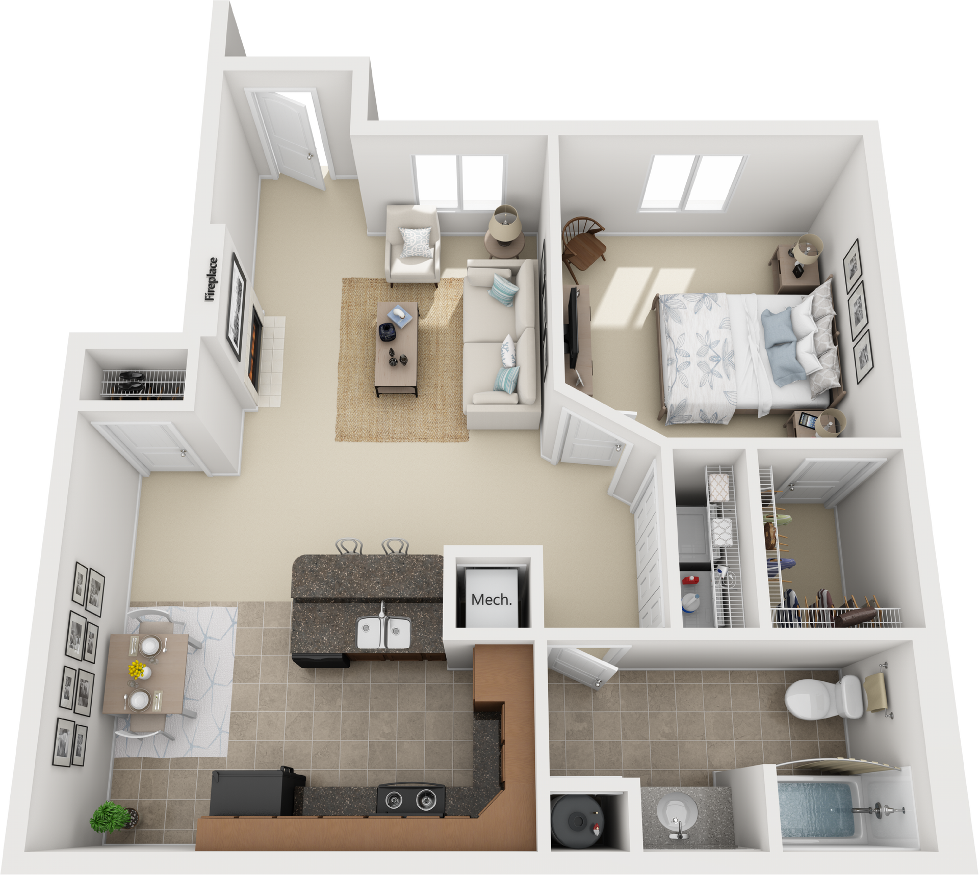 1 Bed Floor Plan with Carpet and Wood Flooring