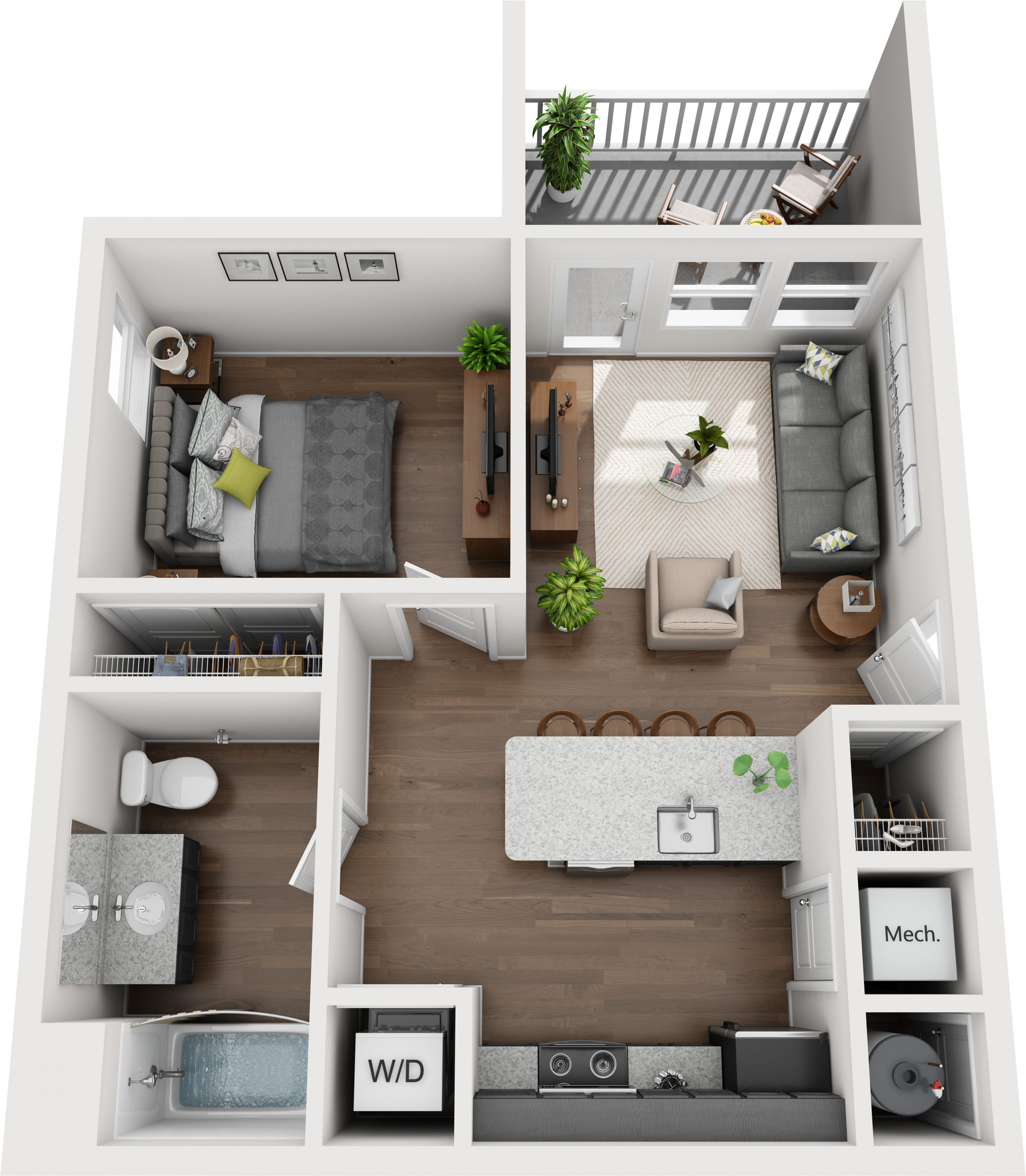 1 Bed Floor Plan with Carpet and Wood Flooring