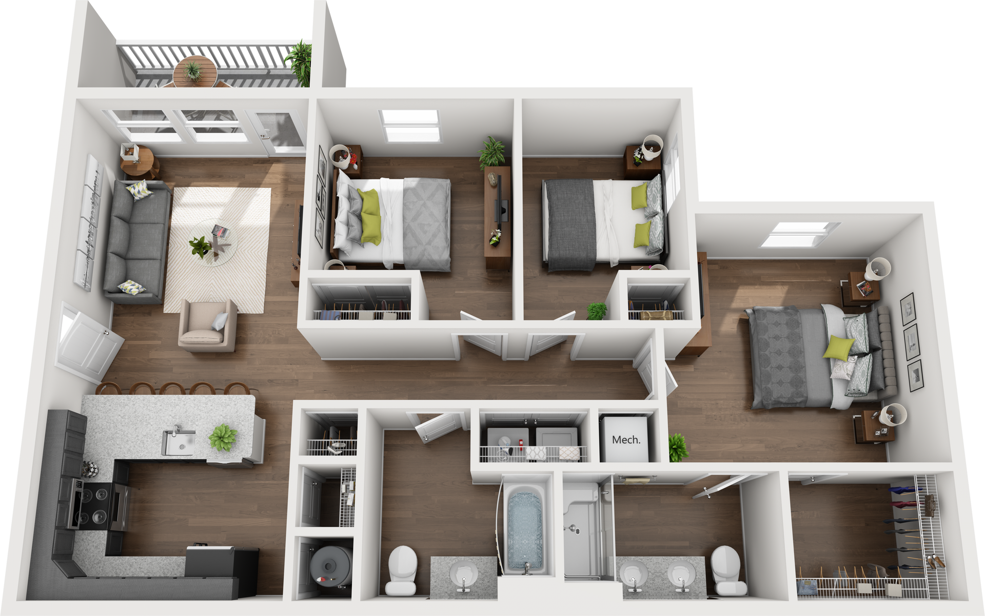 2 Bed 2 Bath Floor Plan with Carpet and Wood Flooring