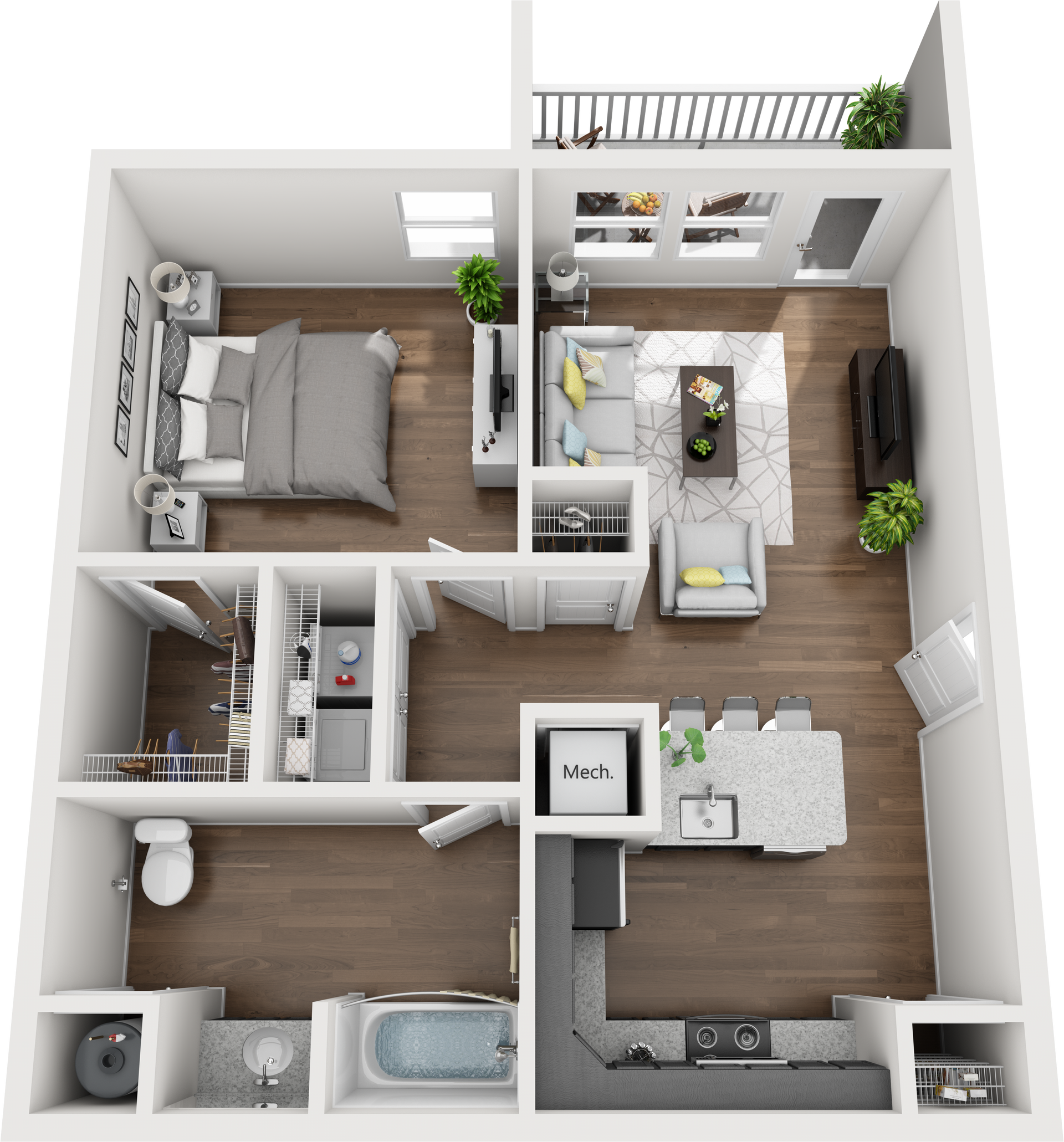 1 Bed Floor Plan with Carpet and Wood Flooring
