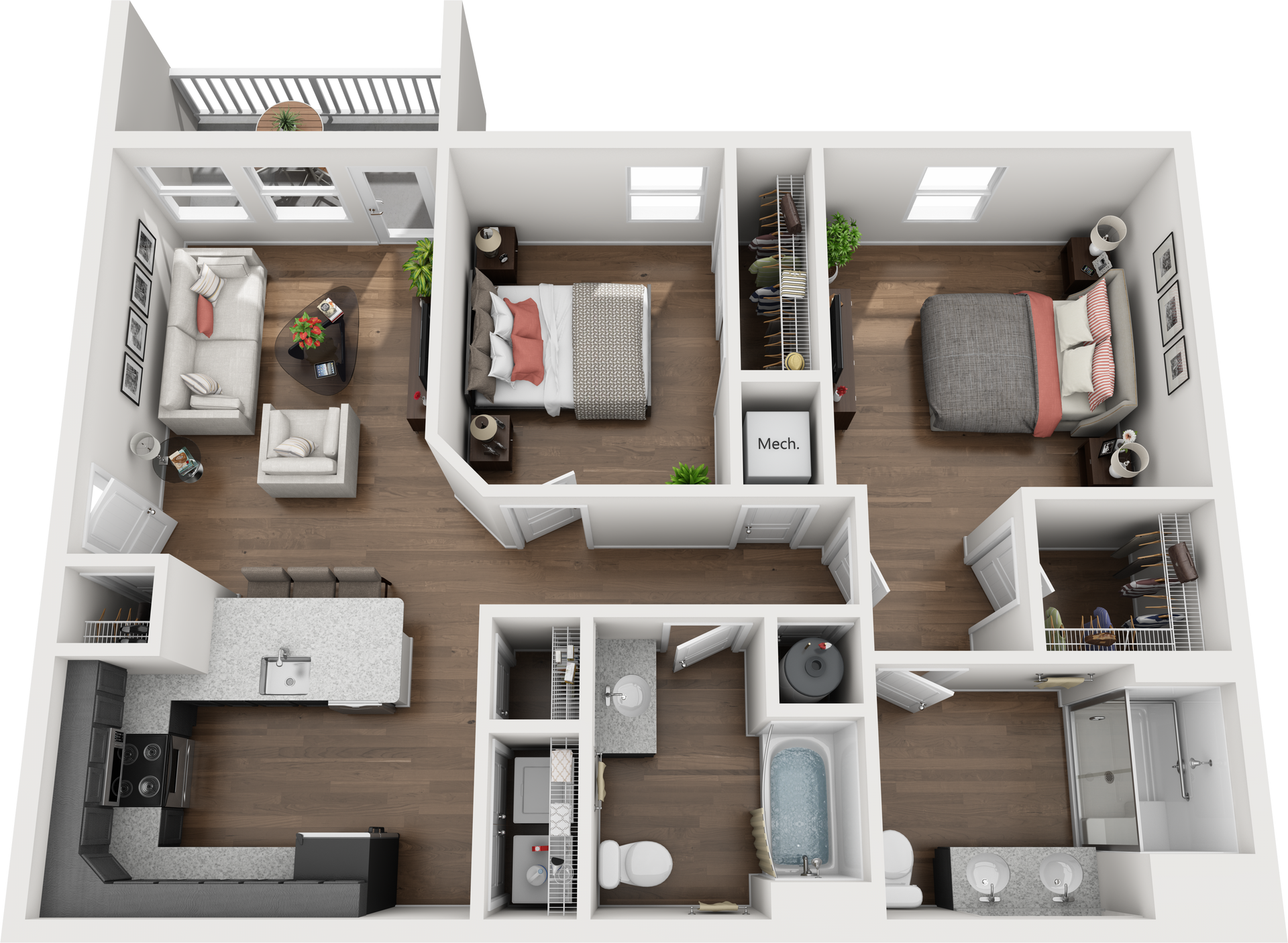 2 Bed 2 Bath Floor Plan with Carpet and Wood Flooring