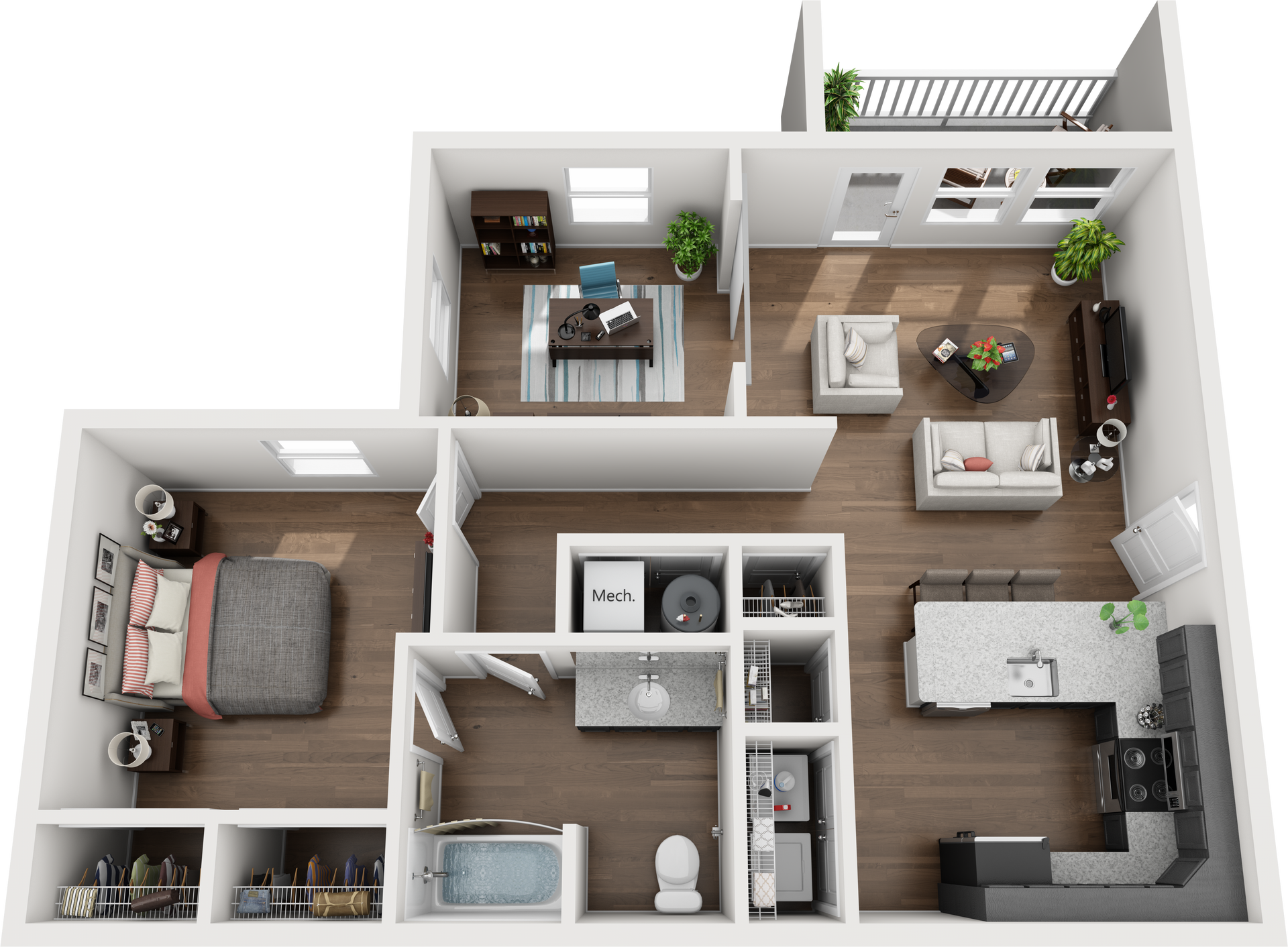 1 Bed Floor Plan with Carpet and Wood Flooring