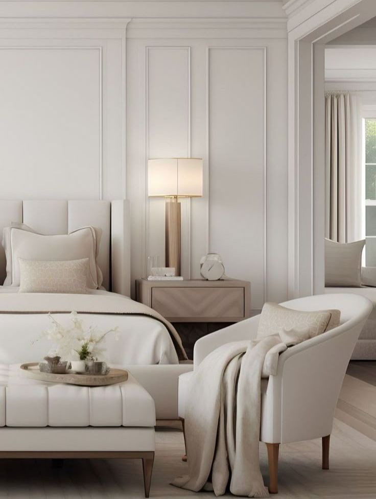 A bedroom with a bed , chairs , ottoman and lamp.