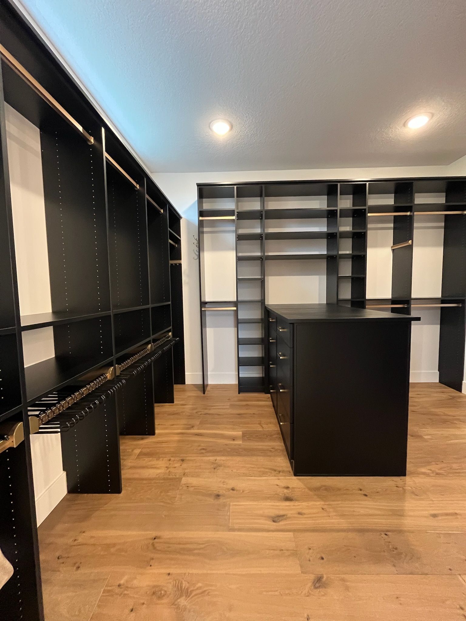 Empty walk-in closet with black shelving, wood floor, and recessed ceiling lights.