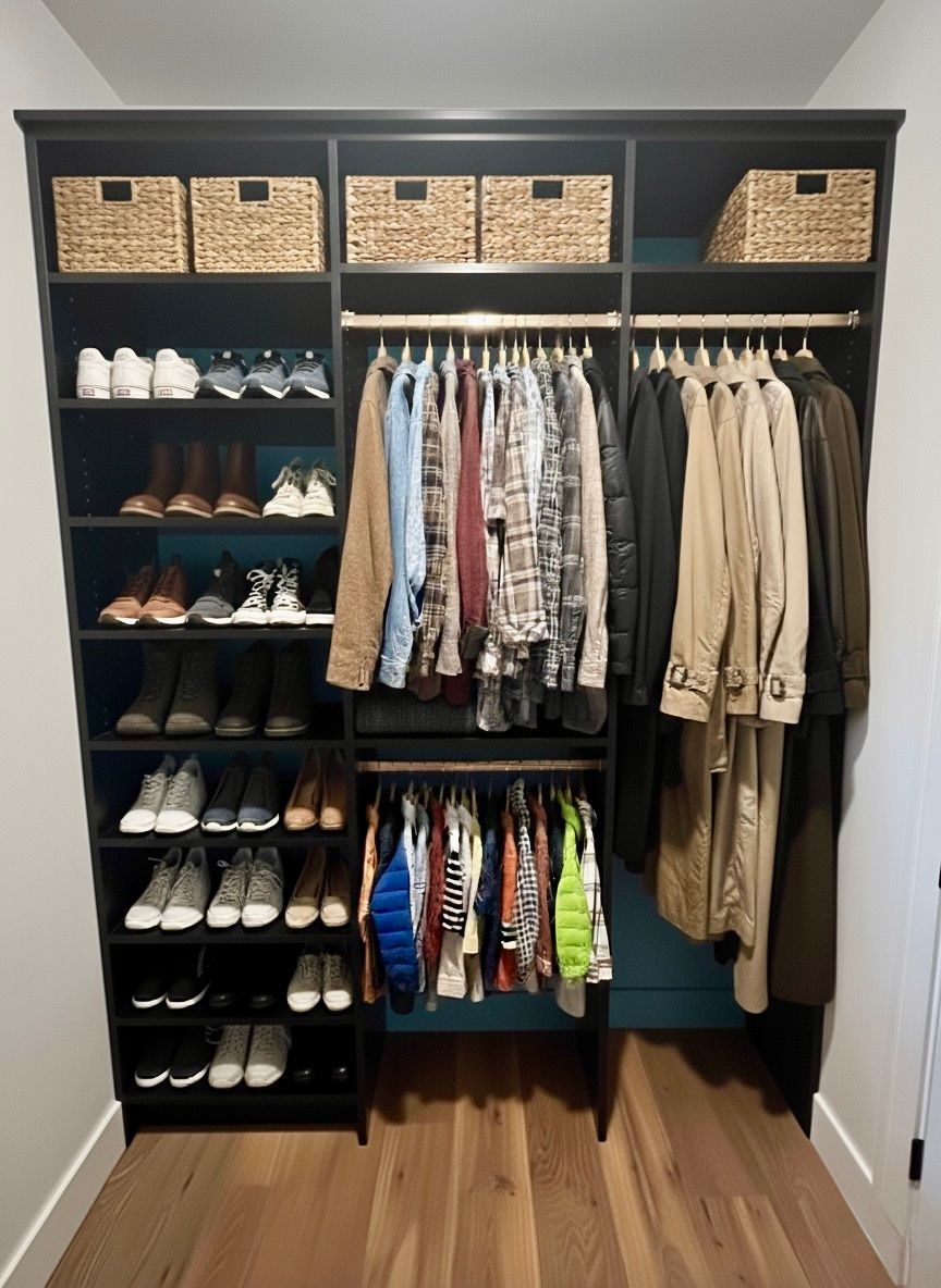 Open closet with shelves of shoes, hanging clothes, woven storage baskets, and a hardwood floor