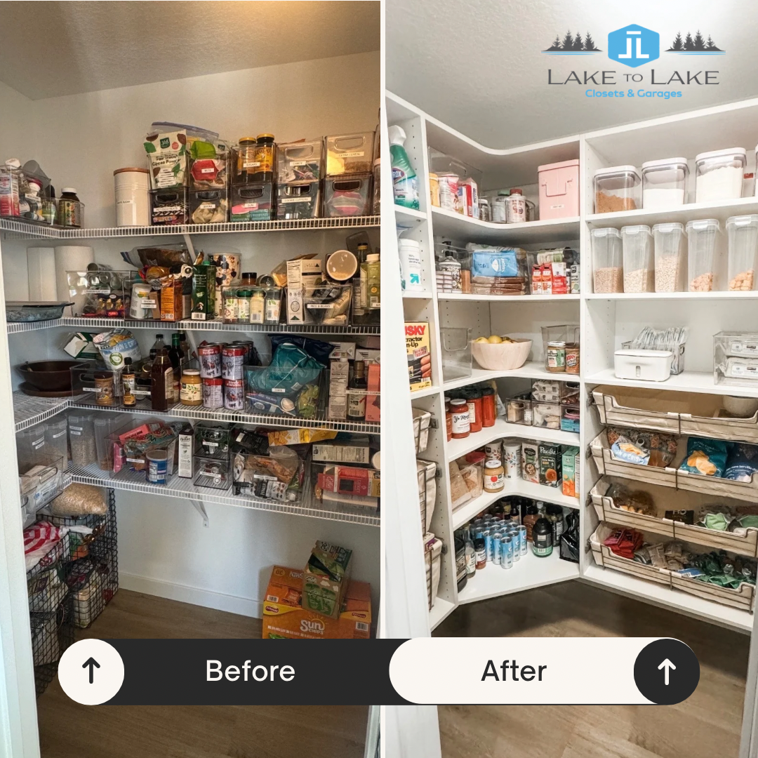 Before-and-after pantry shelves reorganized with clear bins, jars, and neatly arranged food items