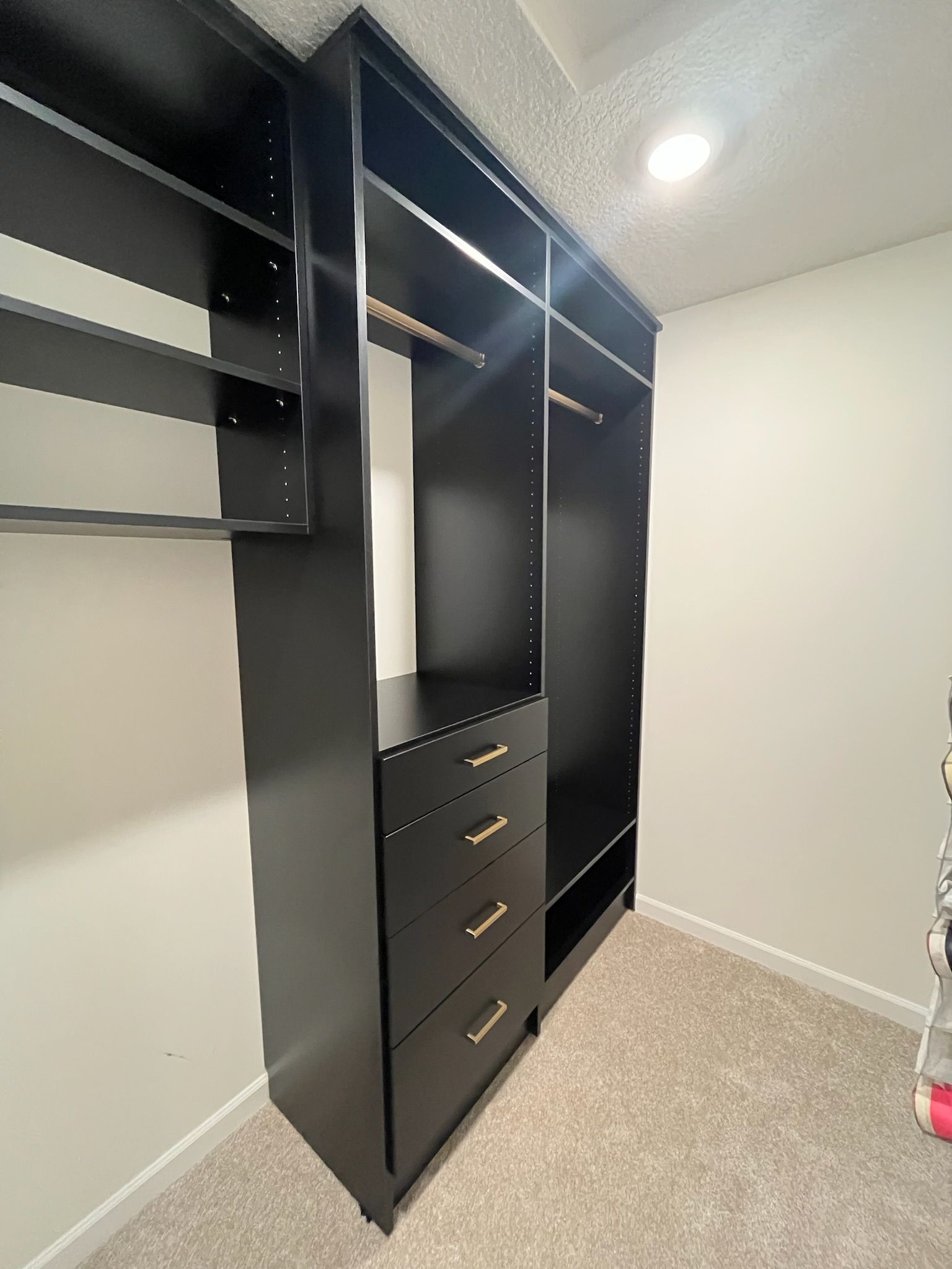 Black built-in closet with shelves, hanging rods, and drawers in a carpeted room
