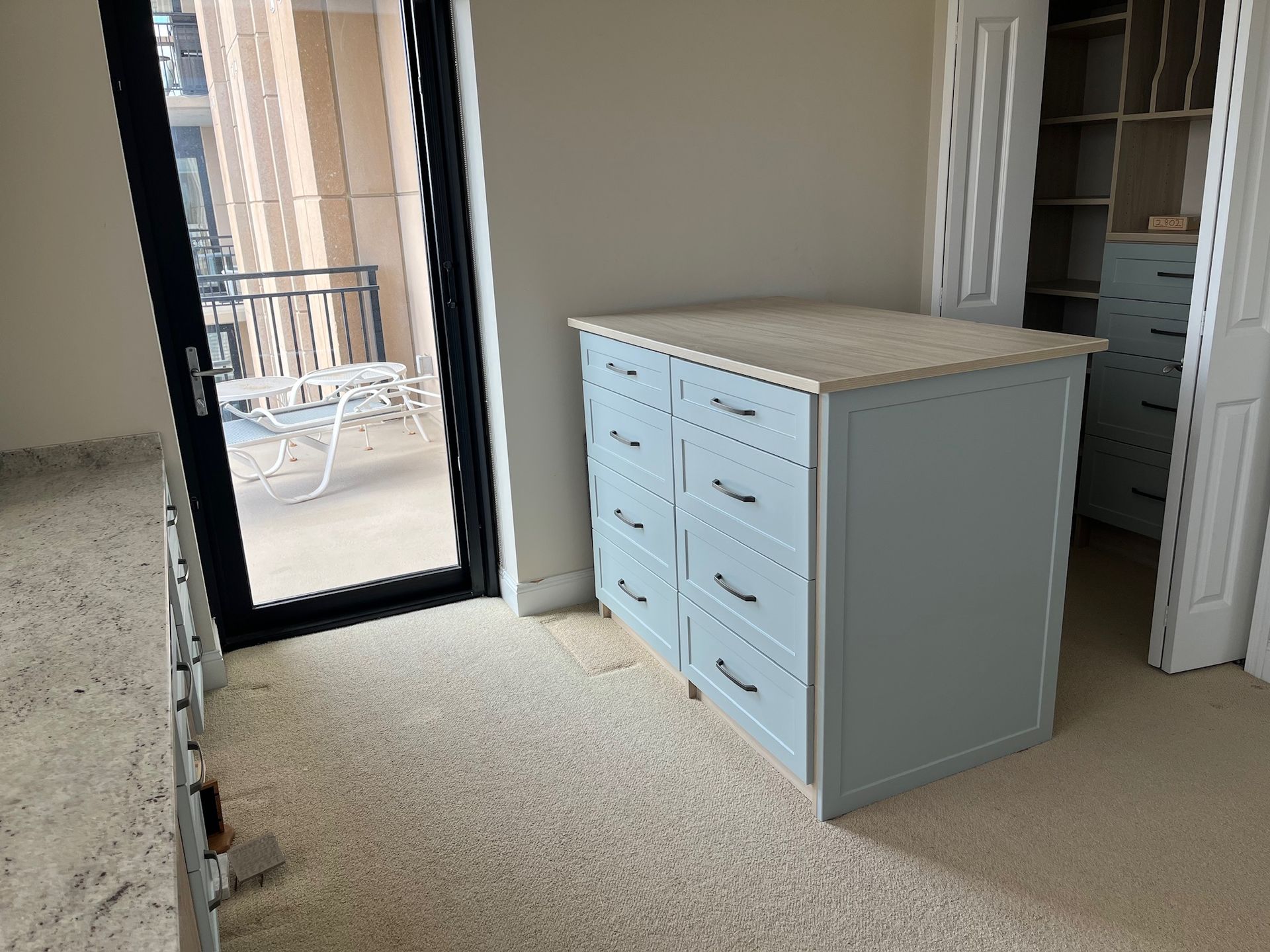 Empty room with light blue drawers, beige carpet, and an open door to a patio.