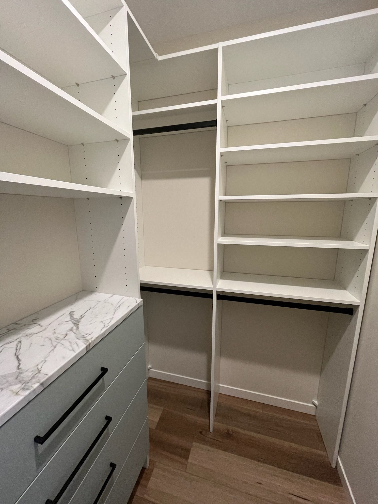 White walk-in closet with shelves, drawers, hanging space, and wood flooring